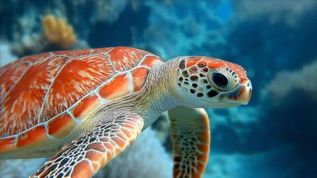 Close-up of a sea turtle swimming underwater, showing its beautiful shell and face in its natural habitat.