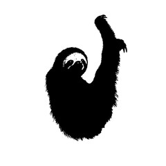 a black and white silhouette of a sloth hanging from a branch animal, black, branch, cute, hang, hang on, silhouette, sloth, tree , Generative art.