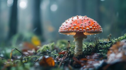 A close-up of a small mushroom in a forest, covered in glistening water droplets after rain