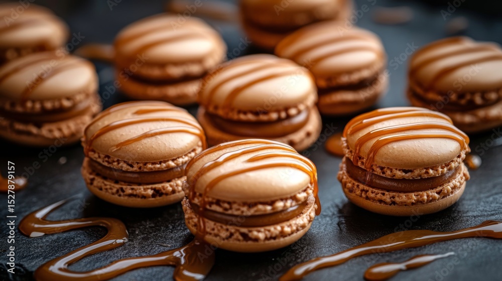 Poster a close-up of caramel-flavored macarons with a glossy caramel drizzle on top, arranged neatly on a d