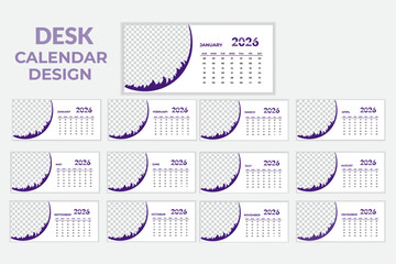 2026 desk calendar design template.Monthly calendar layout for 2026 year. Diary planner for 2026 year. Week Starts on Sunday.New year 2026 table calendar with organic shape