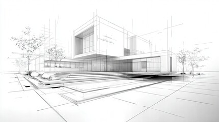Architectural sketch of a modern house with clean lines, large windows, and surrounding trees, showcasing a minimalist design concept.