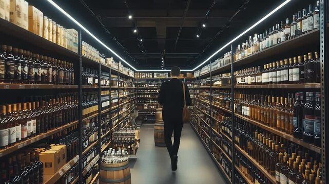 A person walks through a well-organized liquor store, flanked by shelves filled with various bottles of alcohol. Wooden barrels are visible on the floor, creating a classic ambiance.