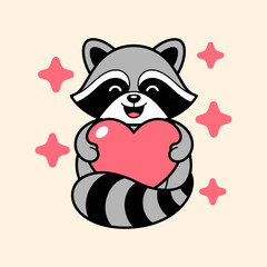 Cute raccoon holding heart with love and stars illustration