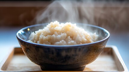 A close-up of freshly cooked rice in a ceramic bowl, steam rising into the air, with a wooden tray underneath for a warm, home-cooked meal vibe.