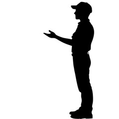 a black and white silhouette of a man with a hat black, hand, hat, man, silhouette, stand , Generative art.