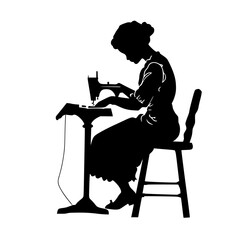 a black silhouette of a woman sitting at a table black, sewing machine, silhouette, sit, table, woman , Generative art.
