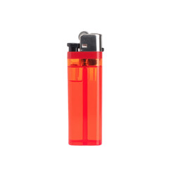 Close-up of a vibrant red disposable lighter with a metallic top and safety mechanism on a plain white background, ideal for fire starting, smoking, or camping needs