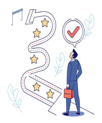 Success roadmap journey, milestone or career path achievement, route or pathway to achieve goals, accomplishment, assessment or way to success, businessman look at achievement milestone to success