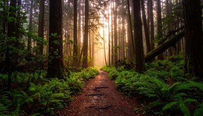 Twilight-drenched forest trail, layered with wet leaves and saturated amethyst tones, low mist curls between shadowed trunks