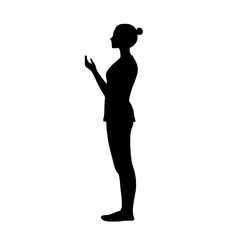 a black silhouette of a woman standing on a white background black, hand, hat, silhouette, stand, woman , Generative art.