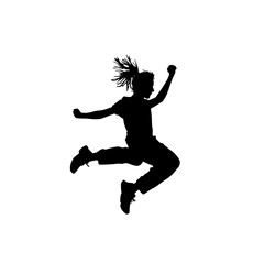 a black silhouette of a young woman jumping in the air black, girl, hair, jump, silhouette, woman, young , Generative art.