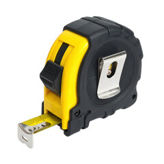 Fototapeta premium Compact black and yellow tape measure with metal hook and versatile design for precise measurement tasks in construction, carpentry, and home improvement projects