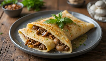 Savory Mushroom Crepes with Parsley on a Plate, Rustic Setting