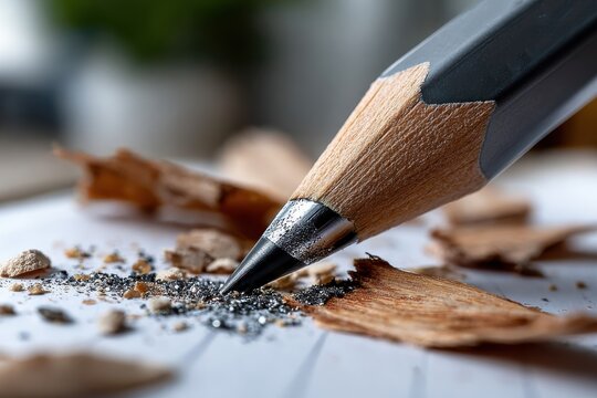 This image captures a detailed view of a sharpened pencil surrounded by wood shavings on paper, symbolizing creativity, thoughtfulness, and the artistic process of writing or drawing.