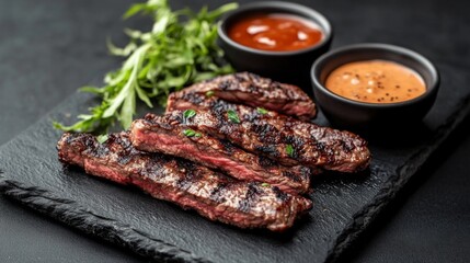 A close-up of steak strips on a black stone plate, served with dipping sauces in small bowls, with a garnish of fresh herbs and a minimalist background.