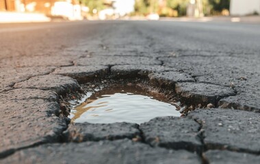 A close up of a pothole in the middle of the road