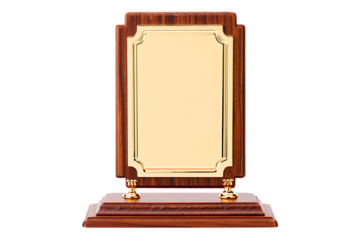 Blank wooden award plaque with gold plate isolated on white background