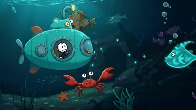 Animated submarine and sea creatures underwater adventure