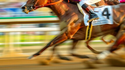 Powerful thoroughbred racehorse running at full speed on racetrack with dynamic motion and energy. Equestrian sports, horse racing competition and animal athleticism concept.