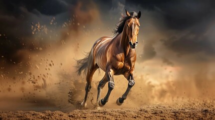 Powerful thoroughbred racehorse running at full speed on racetrack with dynamic motion and energy. Equestrian sports, horse racing competition and animal athleticism concept.