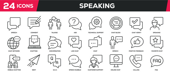 Set of collection line icons related speech bubble, chat, dialogue, conversation, comment. Editable stroke. Perfect pixel on transparent background