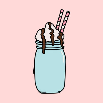 Pastel Milkshake with Caramel on a Jar with Whipped Cream and Straw Vector Illustration