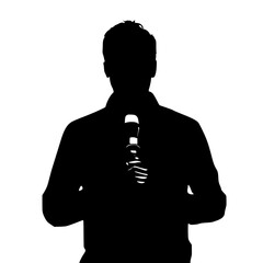 a black and white silhouette of a man wearing a suit and tie black, hold, man, microphone, silhouette, suit, tie, wear , Generative art.