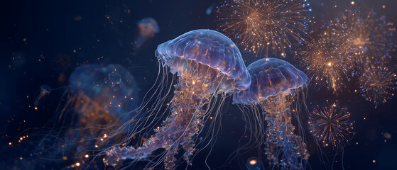 unique aesthetic dreamy summer ad bg with neon jellyfish with exploding fireworks in a night sky; opulent yet whimsical, with a creative twist on 4th of july; glowing in deep violet & radiant orange