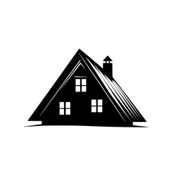 black silhouette of a house with a roof, windows and chimney on a white background attic, black, chimney, house, icon, illustration, logo, roof, silhouette, window , Generative art.