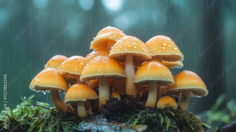Poster a cluster of wild mushrooms with raindrops sliding off their caps, creating a mystical atmosphere