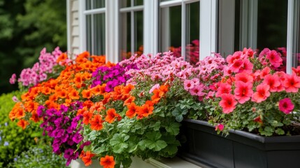 Geraniums in bold red, orange, and pink shades growing in window boxes of a country home