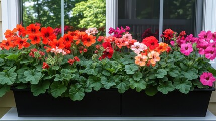 Geraniums in bold red, orange, and pink shades growing in window boxes of a country home