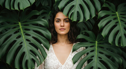 Natural beauty woman, serene portrait with monstera leaves. Tropical skincare, wellness concept. Lush green foliage, exotic botanical freshness. Organic lifestyle, spa tranquility.