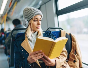 Woman reading book on bus (1)