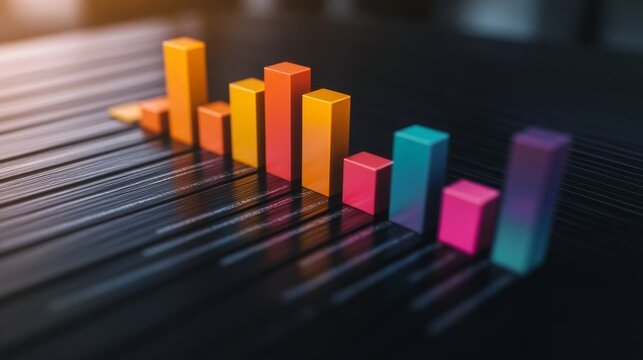 A colorful D bar graph showcasing quarterly sales data, with bars labeled in different colors, placed on a sleek black surface, creating a striking visual presentation.