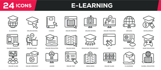 Set of collection line icons related e-learning, ebook, online class. Editable stroke. Perfect pixel on transparent background