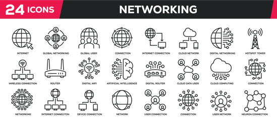 Set of collection line icons related networking, connection, information technology. Editable stroke. Perfect pixel on transparent background