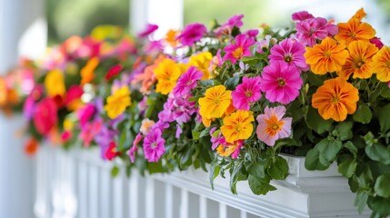 Hanging basket filled with colorful trailing flowers on a white porch railing