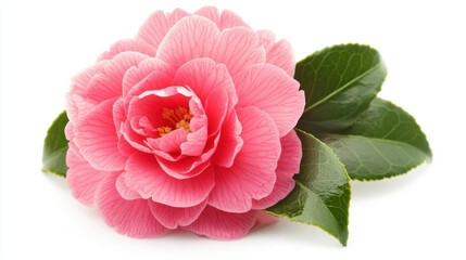 Isolated camellia flower with green leaves and pink petals on white background