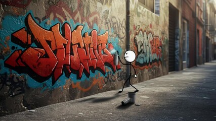 Cartoon character spray painting graffiti on wall - Powered by Adobe
