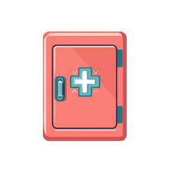 Fototapeta premium Isolated Cartoon First Aid Kit Box in Red and White Emergency Medical Supplies for Treatment and Healthcare on a White Background