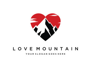 Love mountain icon. Minimalist adventure logo. A modern flat-style illustration of a mountain peak inside a heart, perfect for outdoor brands, eco-lovers, or travel businesses.
