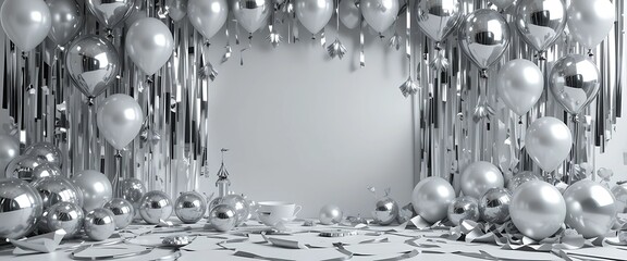 All-silver scene with metallic ribbons, chrome balloons, and paper elements for a futuristic celebration feel.