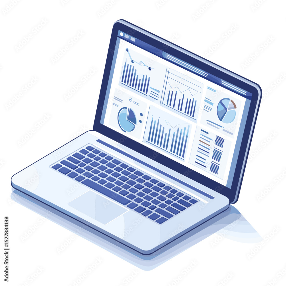 Poster isometric laptop displaying data analytics graphs and charts on a clean white background for busines
