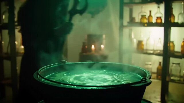 A bubbling mystical cauldron brew preparation in the center of a dark eerie witch lair