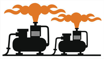 Obraz premium Two Industrial Air Compressors in Vector Silhouette, Exhaling Orange Steam/A simple, stylized illustration of two air compressors.