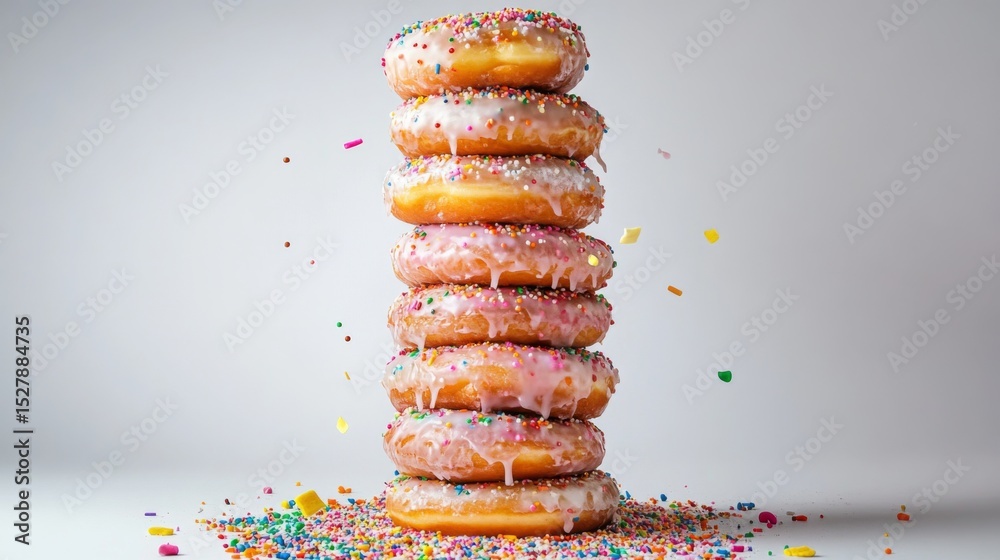 Poster a creative composition of a donut tower stacked high, with sprinkles and icing dripping down the sid