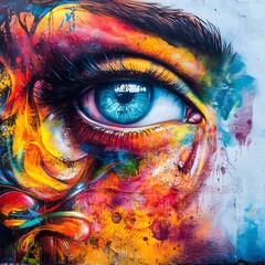 Woman's face featuring a vibrant and colorful eye makeup design capturing artistic expression