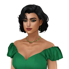 A beautiful young brunette woman with dark skin in a green ball dress with curly short hair, isolated portrait 